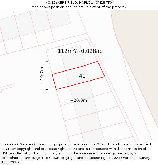 40, JOYNERS FIELD, HARLOW, CM18 7PX: Plot and title map