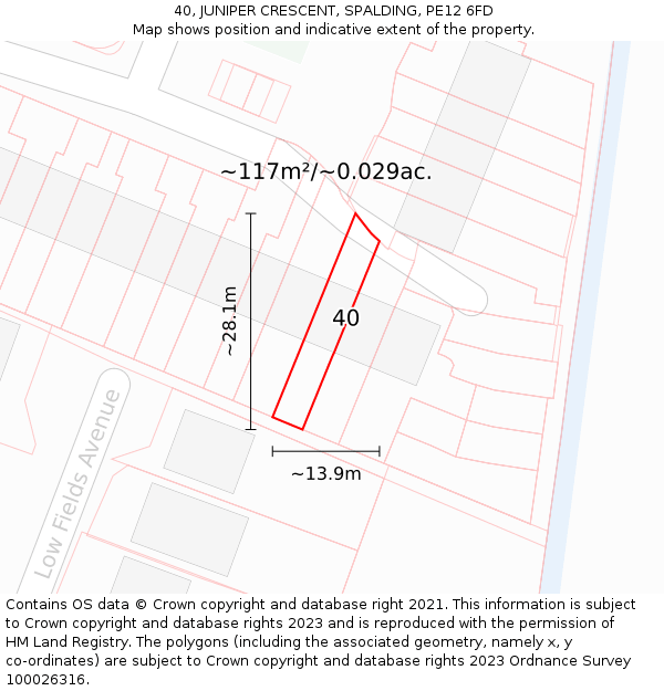 40, JUNIPER CRESCENT, SPALDING, PE12 6FD: Plot and title map