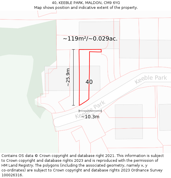 40, KEEBLE PARK, MALDON, CM9 6YG: Plot and title map