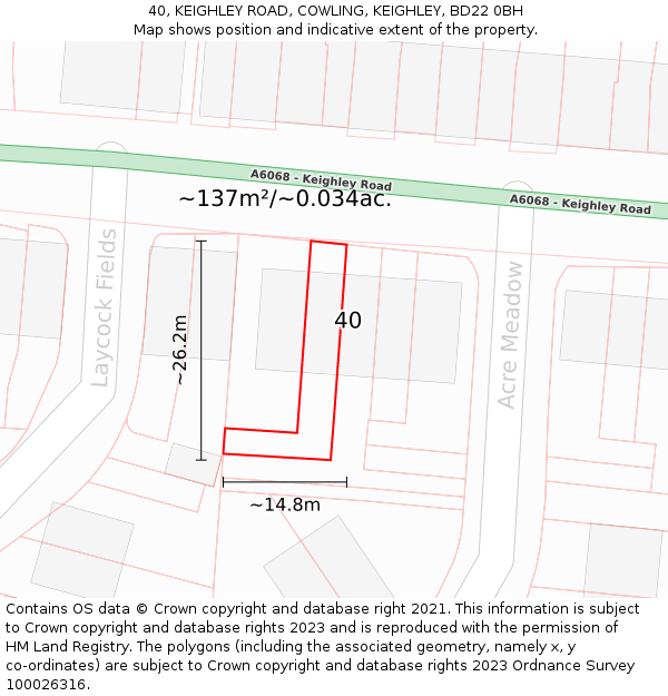 40, KEIGHLEY ROAD, COWLING, KEIGHLEY, BD22 0BH: Plot and title map