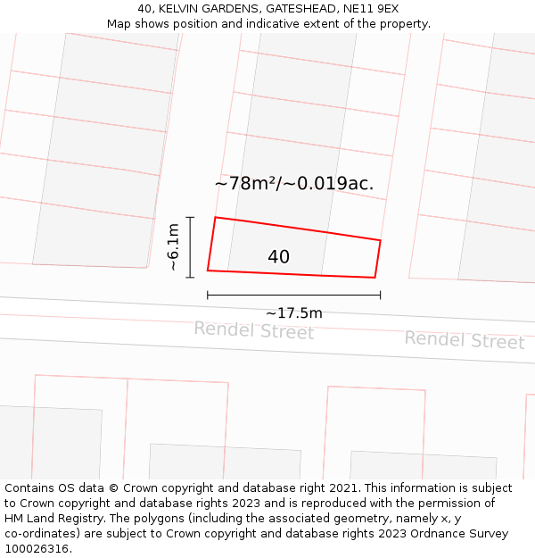40, KELVIN GARDENS, GATESHEAD, NE11 9EX: Plot and title map