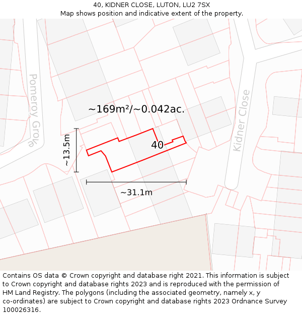40, KIDNER CLOSE, LUTON, LU2 7SX: Plot and title map