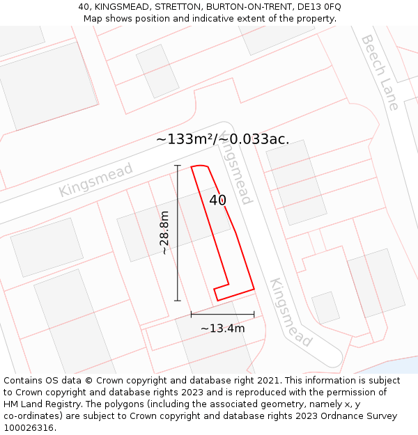 40, KINGSMEAD, STRETTON, BURTON-ON-TRENT, DE13 0FQ: Plot and title map