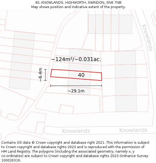 40, KNOWLANDS, HIGHWORTH, SWINDON, SN6 7NB: Plot and title map