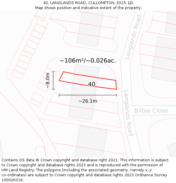 40, LANGLANDS ROAD, CULLOMPTON, EX15 1JD: Plot and title map