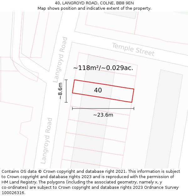 40, LANGROYD ROAD, COLNE, BB8 9EN: Plot and title map