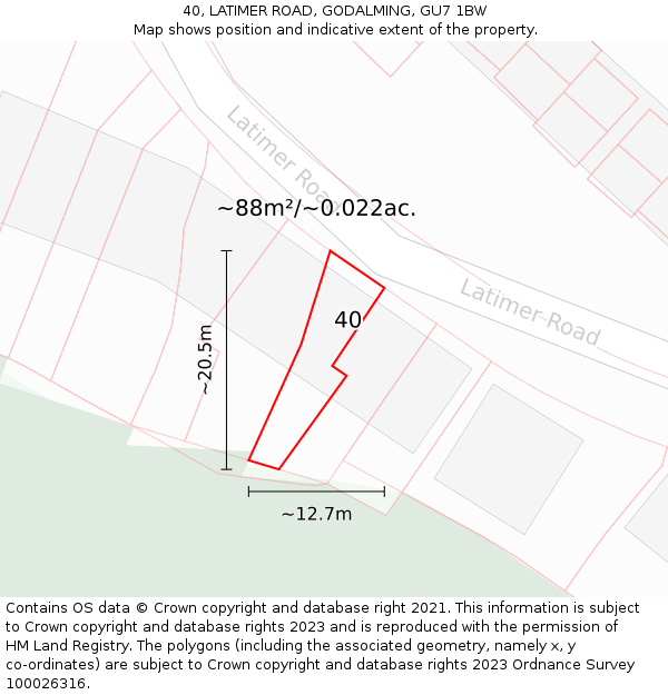 40, LATIMER ROAD, GODALMING, GU7 1BW: Plot and title map
