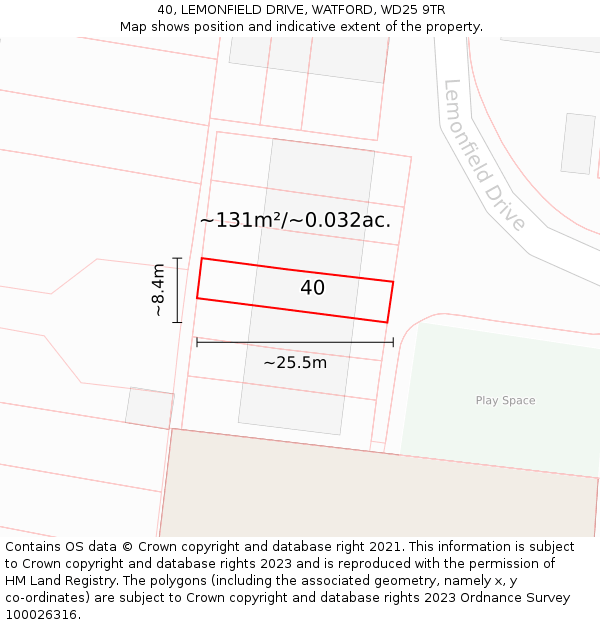 40, LEMONFIELD DRIVE, WATFORD, WD25 9TR: Plot and title map