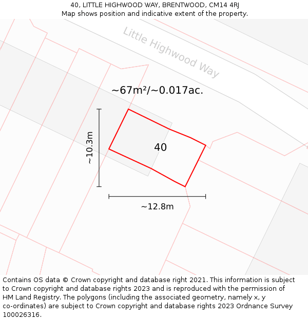 40, LITTLE HIGHWOOD WAY, BRENTWOOD, CM14 4RJ: Plot and title map