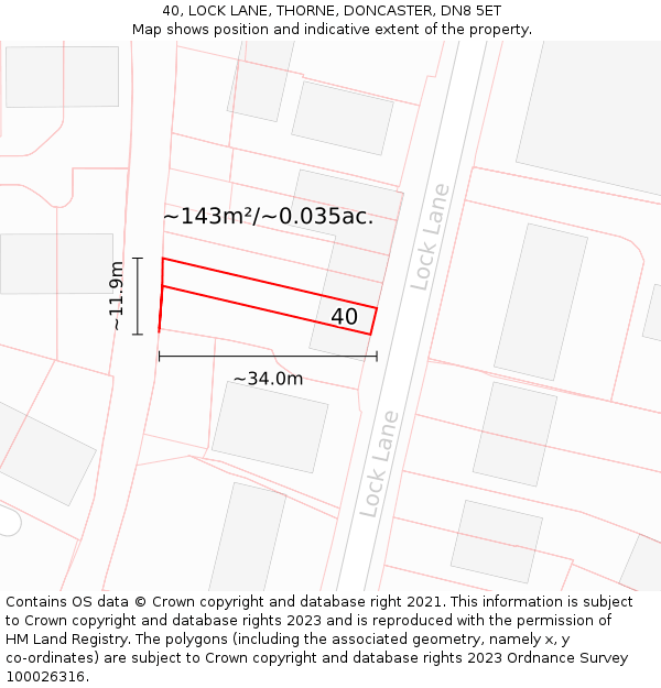 40, LOCK LANE, THORNE, DONCASTER, DN8 5ET: Plot and title map