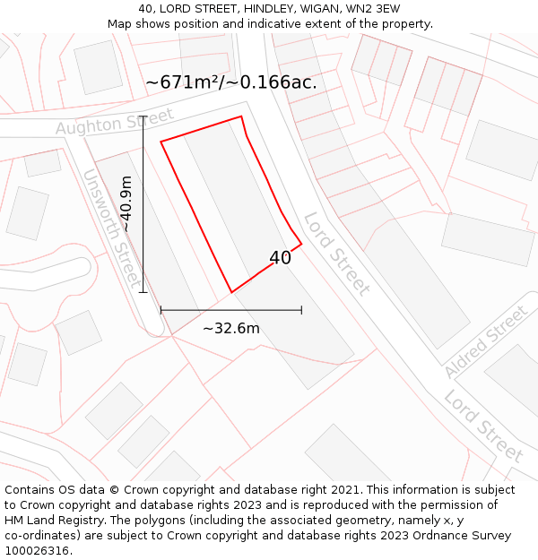 40, LORD STREET, HINDLEY, WIGAN, WN2 3EW: Plot and title map