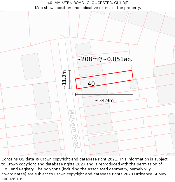 40, MALVERN ROAD, GLOUCESTER, GL1 3JT: Plot and title map