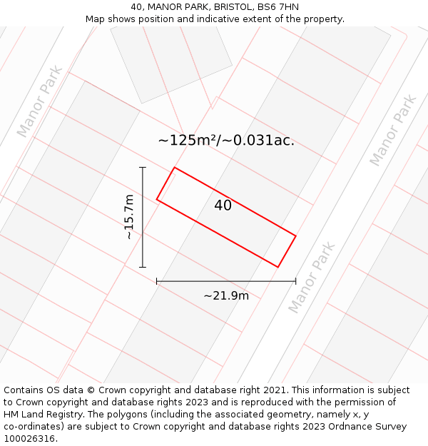 40, MANOR PARK, BRISTOL, BS6 7HN: Plot and title map