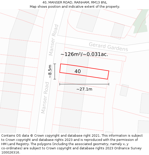 40, MANSER ROAD, RAINHAM, RM13 8NL: Plot and title map