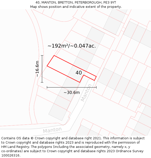 40, MANTON, BRETTON, PETERBOROUGH, PE3 9YT: Plot and title map
