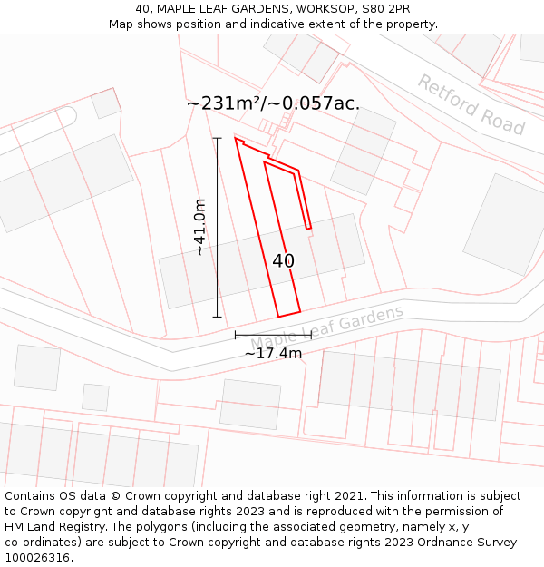 40, MAPLE LEAF GARDENS, WORKSOP, S80 2PR: Plot and title map