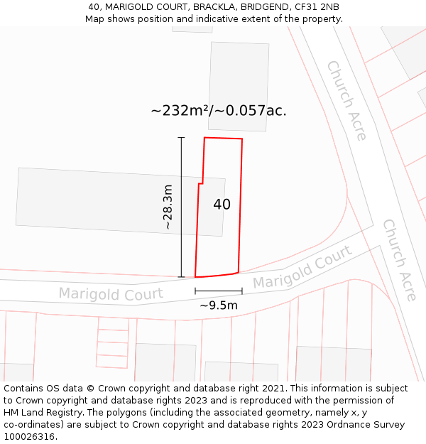 40, MARIGOLD COURT, BRACKLA, BRIDGEND, CF31 2NB: Plot and title map