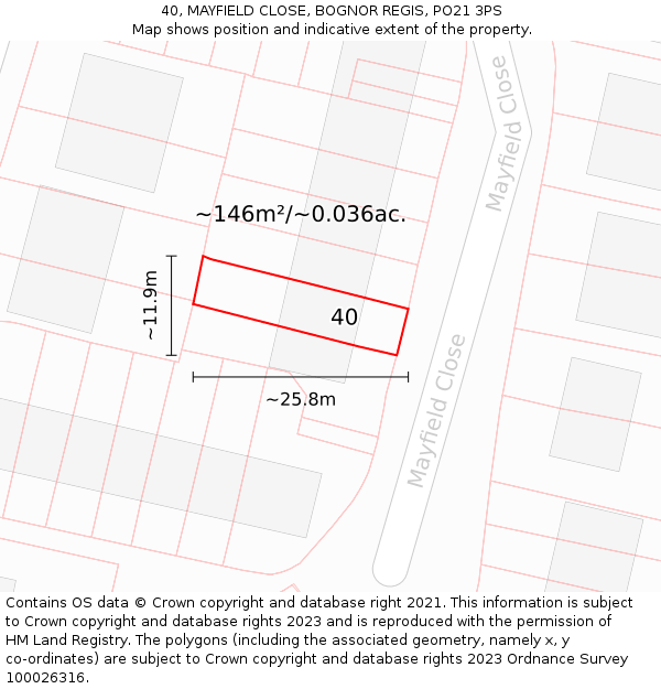 40, MAYFIELD CLOSE, BOGNOR REGIS, PO21 3PS: Plot and title map