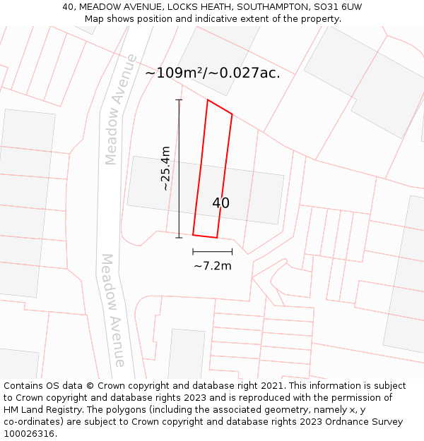 40, MEADOW AVENUE, LOCKS HEATH, SOUTHAMPTON, SO31 6UW: Plot and title map