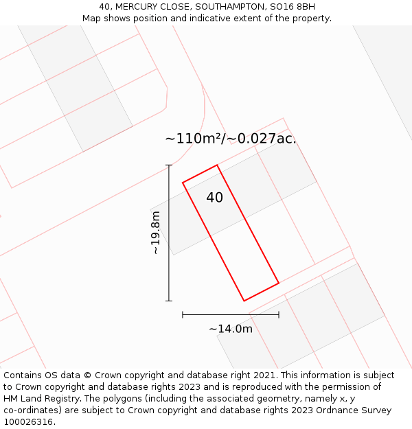 40, MERCURY CLOSE, SOUTHAMPTON, SO16 8BH: Plot and title map