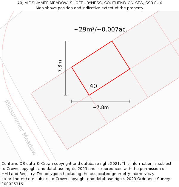 40, MIDSUMMER MEADOW, SHOEBURYNESS, SOUTHEND-ON-SEA, SS3 8UX: Plot and title map