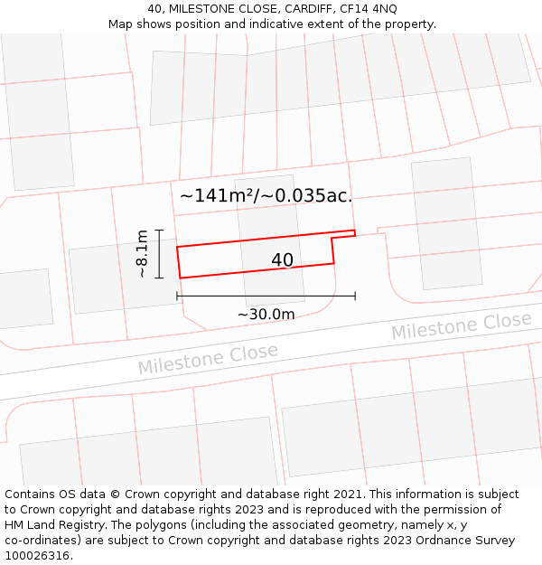 40, MILESTONE CLOSE, CARDIFF, CF14 4NQ: Plot and title map