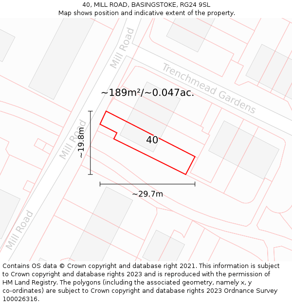 40, MILL ROAD, BASINGSTOKE, RG24 9SL: Plot and title map
