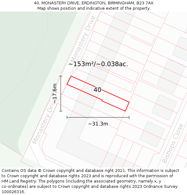 40, MONASTERY DRIVE, ERDINGTON, BIRMINGHAM, B23 7AX: Plot and title map
