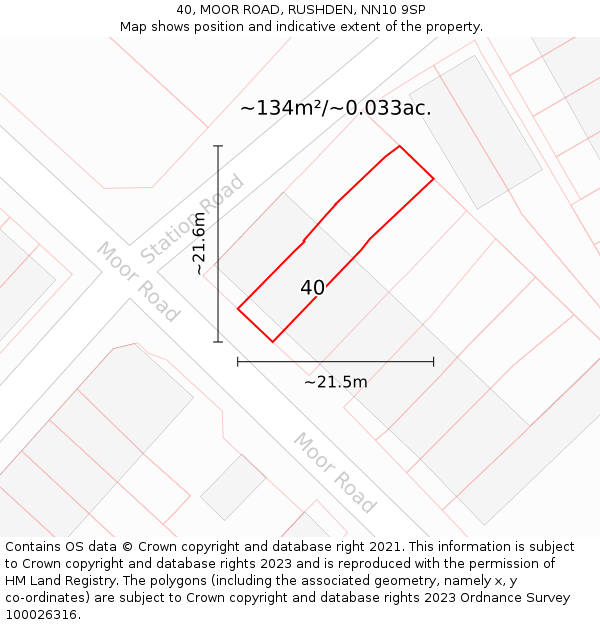 40, MOOR ROAD, RUSHDEN, NN10 9SP: Plot and title map