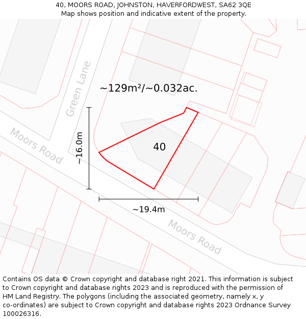 40, MOORS ROAD, JOHNSTON, HAVERFORDWEST, SA62 3QE: Plot and title map