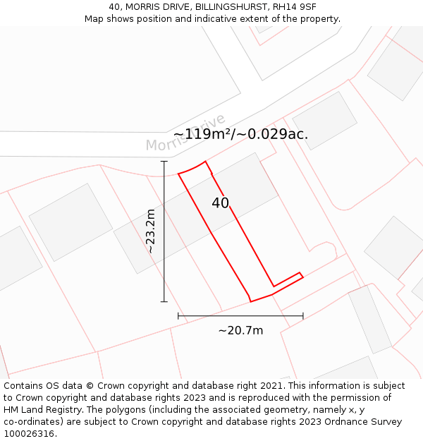 40, MORRIS DRIVE, BILLINGSHURST, RH14 9SF: Plot and title map