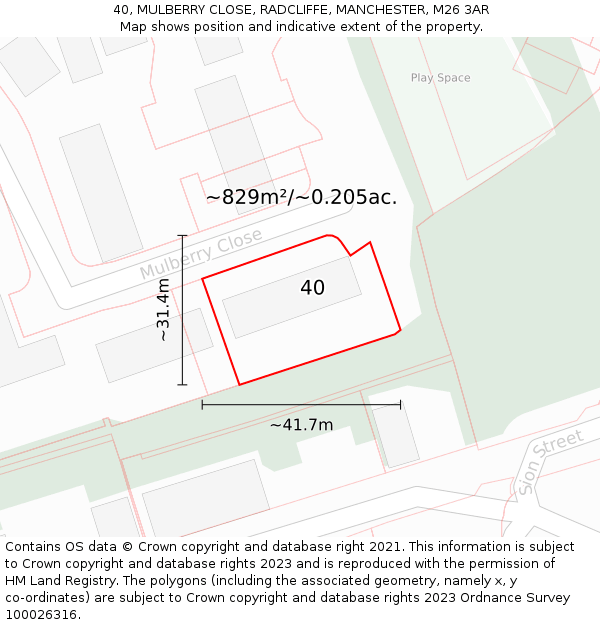 40, MULBERRY CLOSE, RADCLIFFE, MANCHESTER, M26 3AR: Plot and title map