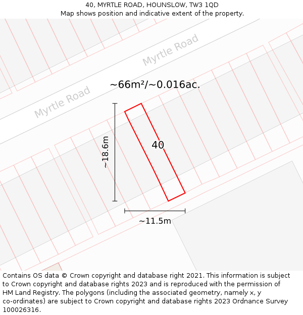 40, MYRTLE ROAD, HOUNSLOW, TW3 1QD: Plot and title map
