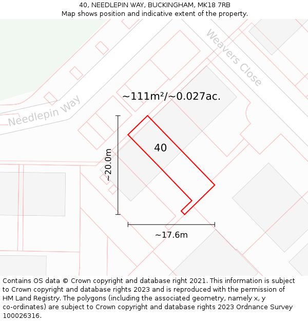 40, NEEDLEPIN WAY, BUCKINGHAM, MK18 7RB: Plot and title map