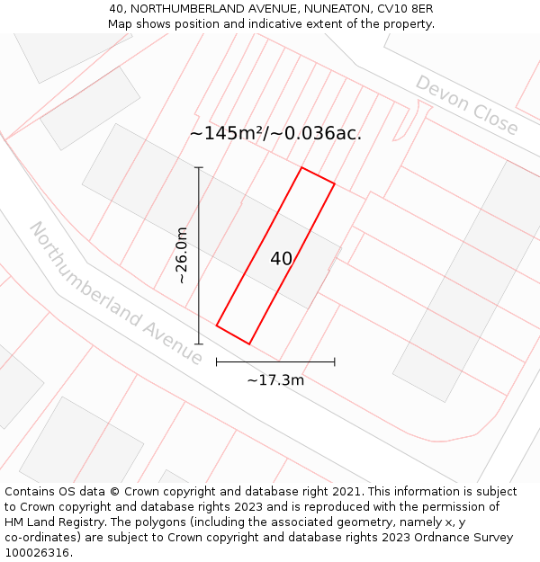 40, NORTHUMBERLAND AVENUE, NUNEATON, CV10 8ER: Plot and title map