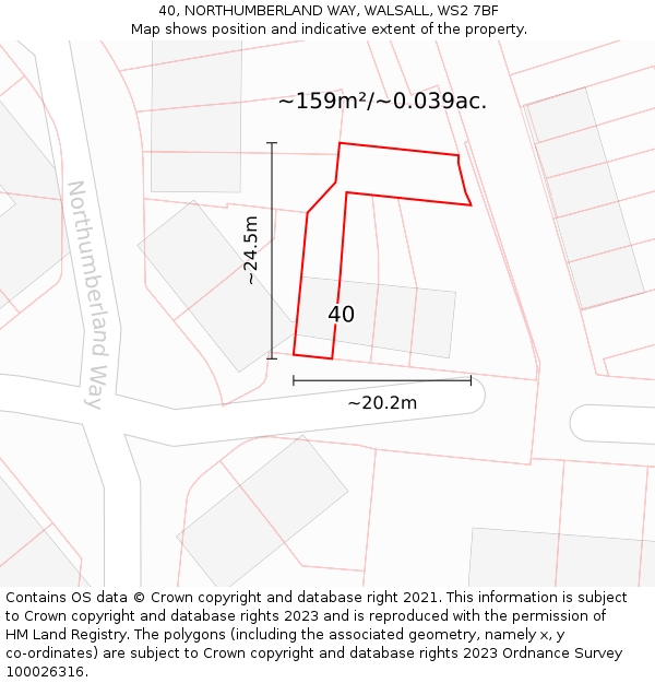 40, NORTHUMBERLAND WAY, WALSALL, WS2 7BF: Plot and title map