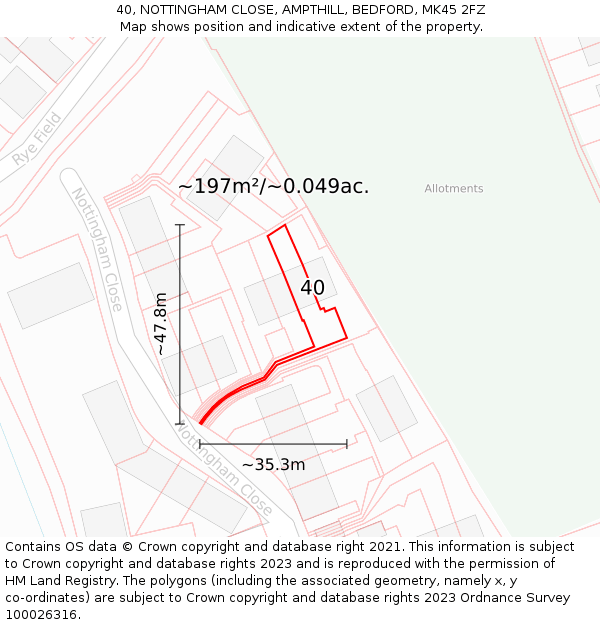 40, NOTTINGHAM CLOSE, AMPTHILL, BEDFORD, MK45 2FZ: Plot and title map