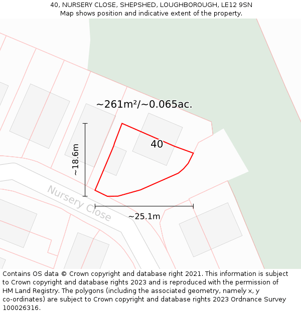 40, NURSERY CLOSE, SHEPSHED, LOUGHBOROUGH, LE12 9SN: Plot and title map