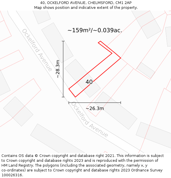 40, OCKELFORD AVENUE, CHELMSFORD, CM1 2AP: Plot and title map