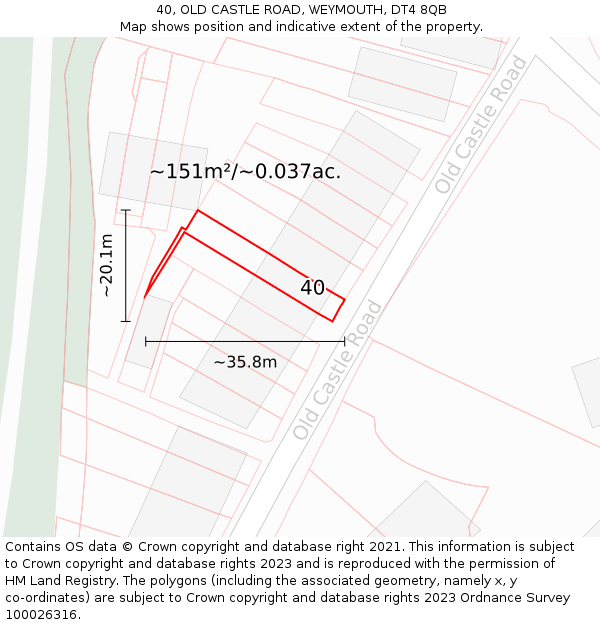 40, OLD CASTLE ROAD, WEYMOUTH, DT4 8QB: Plot and title map
