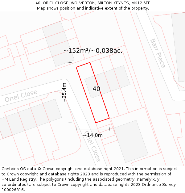 40, ORIEL CLOSE, WOLVERTON, MILTON KEYNES, MK12 5FE: Plot and title map