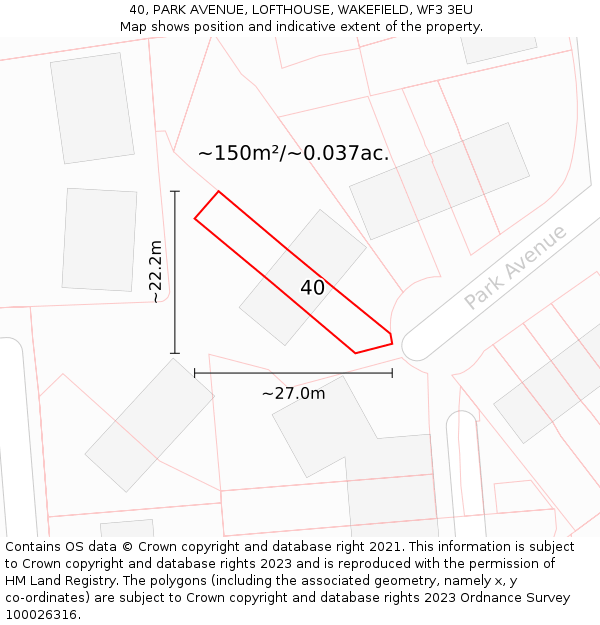 40, PARK AVENUE, LOFTHOUSE, WAKEFIELD, WF3 3EU: Plot and title map