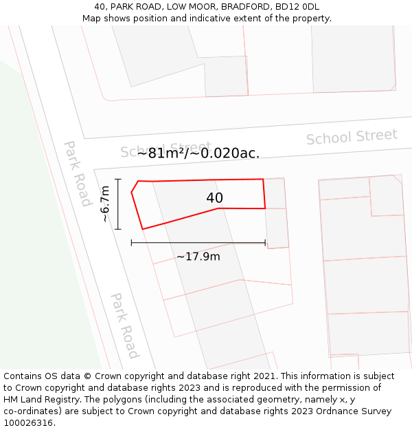 40, PARK ROAD, LOW MOOR, BRADFORD, BD12 0DL: Plot and title map