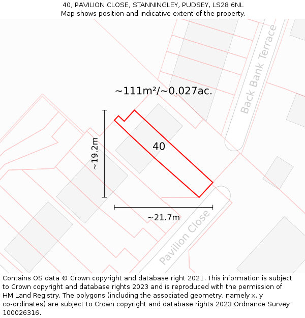 40, PAVILION CLOSE, STANNINGLEY, PUDSEY, LS28 6NL: Plot and title map