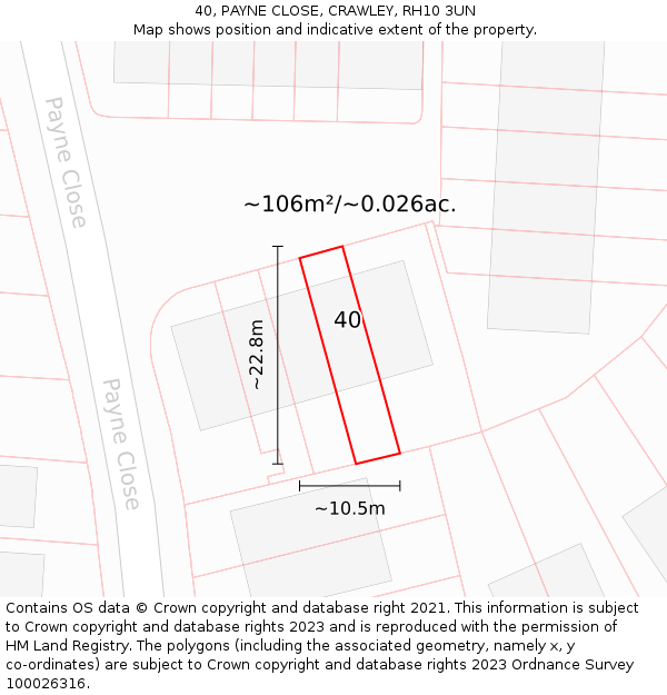 40, PAYNE CLOSE, CRAWLEY, RH10 3UN: Plot and title map