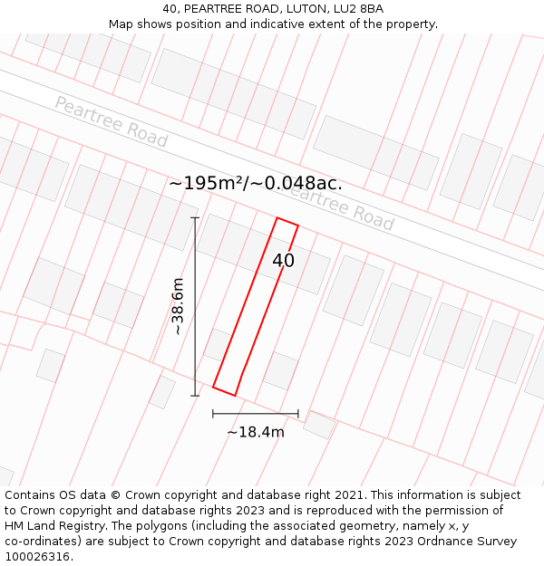 40, PEARTREE ROAD, LUTON, LU2 8BA: Plot and title map