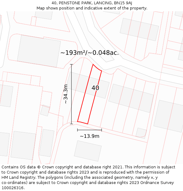40, PENSTONE PARK, LANCING, BN15 9AJ: Plot and title map