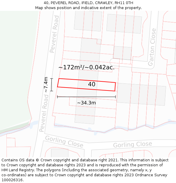 40, PEVEREL ROAD, IFIELD, CRAWLEY, RH11 0TH: Plot and title map