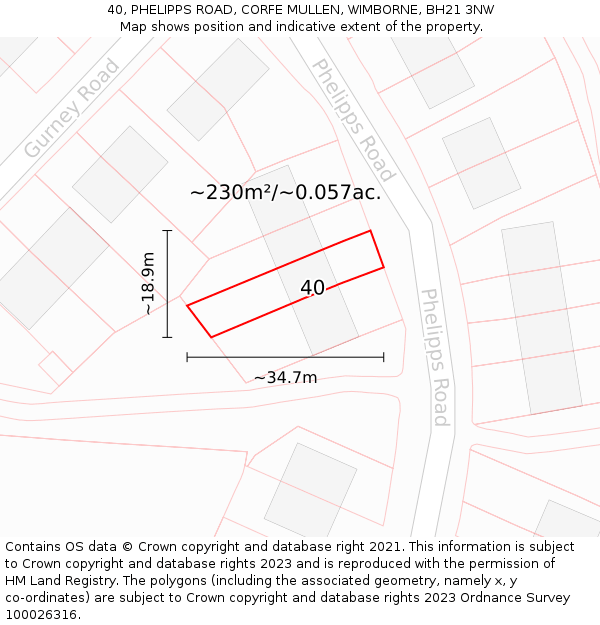 40, PHELIPPS ROAD, CORFE MULLEN, WIMBORNE, BH21 3NW: Plot and title map