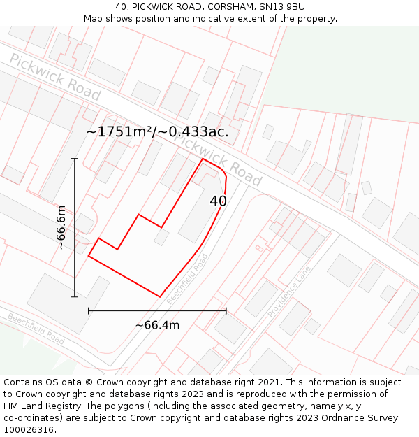 40, PICKWICK ROAD, CORSHAM, SN13 9BU: Plot and title map